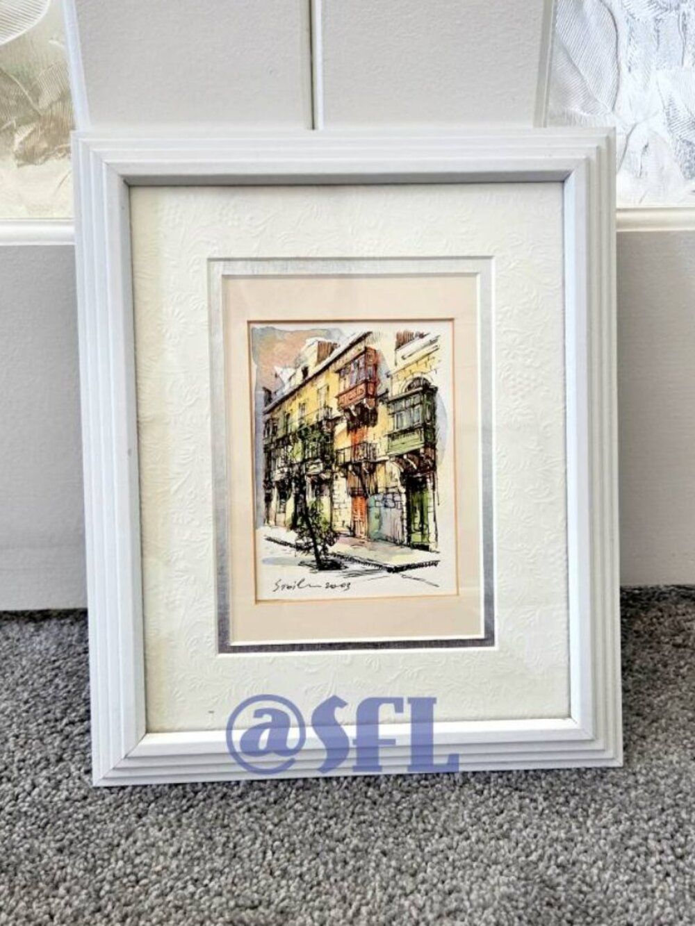 Town Houses Ink and Watercolor Drawing Painting Signed 2003 Framed And Matted